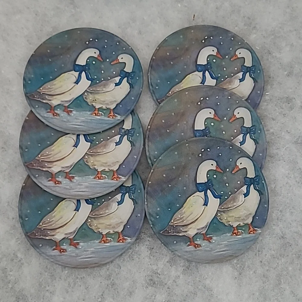 Winter geese coasters, Set Of 6, Vintage, J.S.N.Y. with a matching storage tin
